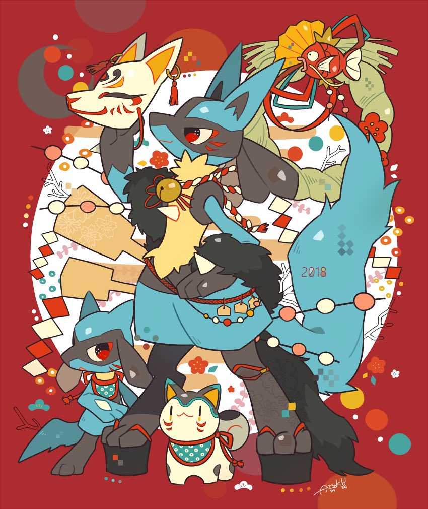 lucario pokemon (creature) red background red eyes standing holding mask bell  illustration images