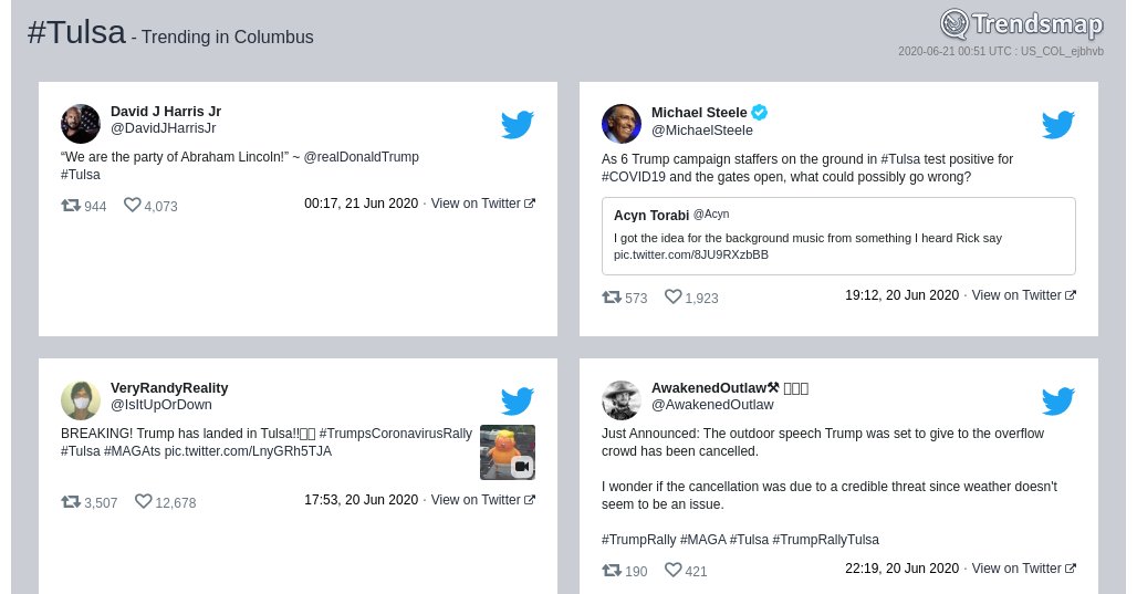 TrendsColumbus's tweet photo. #tulsa is now trending in #Columbus

https://t.co/RcNI4HEpGZ https://t.co/BWS3sblgWm