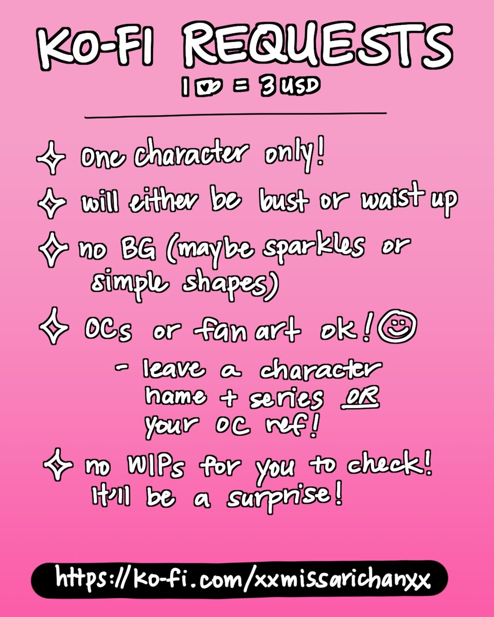xxmissarichanxx's tweet photo. [RTs appreciated!] Ollo~ I'm opening Ko-Fi Requests while I figure out commissions. These will be open indefinitely.

If you have any questions, feel free to PM me!

Thank you so much for your support and love~ cx

☕️https://t.co/p7F13l2nM3

#kofi #doodlerequests https://t.co/kavGrMO7iB