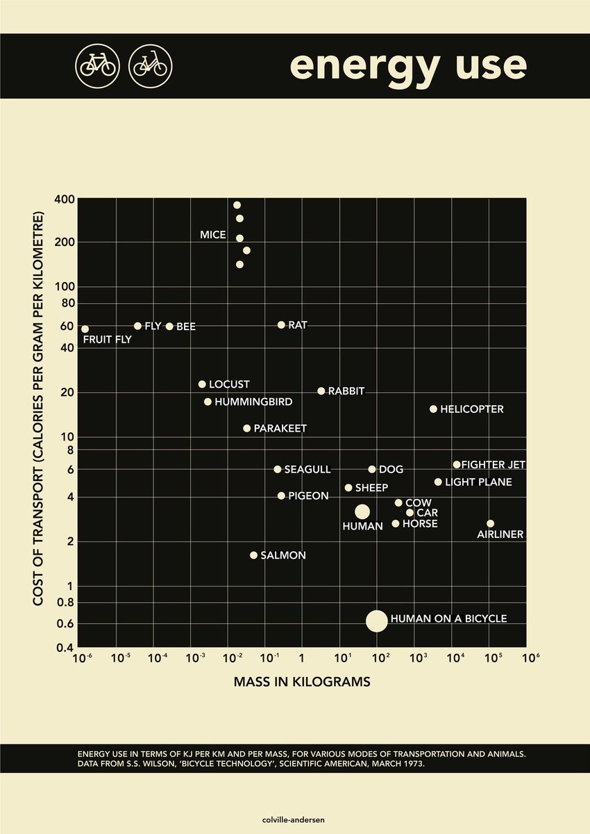 Wisst ihr, dass der Mensch am Fahrrad die energie-effizienteste Fortbewegungsart auf diesem Planeten ist? 

Kein Tier, keine Maschine oder sonst irgendwas kann besser Energie in Bewegung umwandeln als ein Mensch am Fahrrad. 🚴‍♂️

Deswegen fühlt es sich immer so gut an.