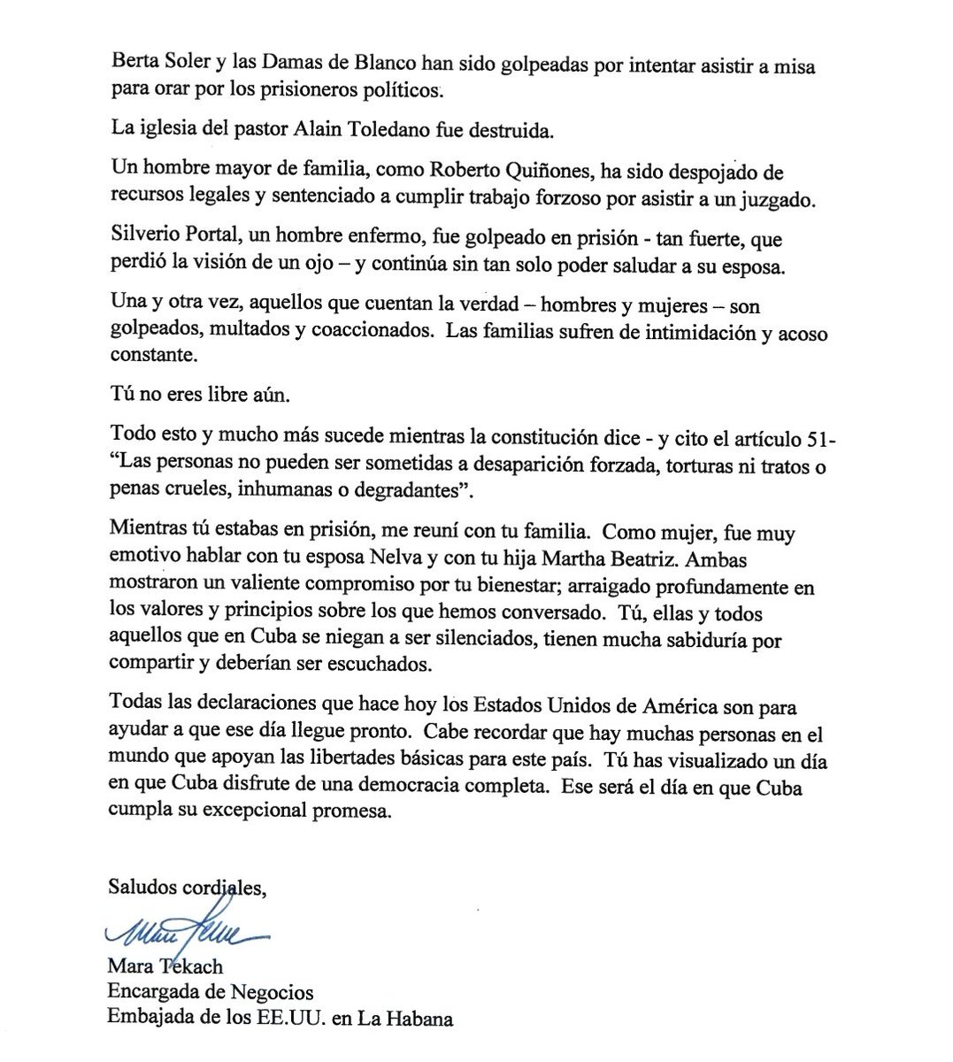 La Encargada de Negocios Mara Tekach envió ayer esta carta a  @jdanielferrer, tras la aprobación de una resolución del Senado de los  EE.UU. reconociendo su labor en la promoción de los #DDHH, image size:1077x1200
