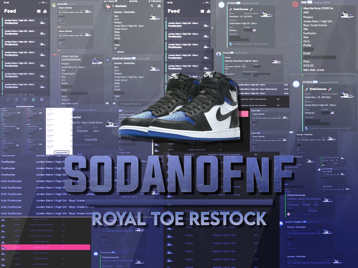 SodanoFnF's tweet photo. Only 6 running members were able to hit 100+ Royal Toe’s on the restock with our methods.. want a spot? Let us know how you did
Proxies:  @RunProxies @HollowProxies @CookieProxies @ZoomProxies @inertiaproxies 
Bots: @cybersole @balkobot @KodaiAIO @TohruAIO @NSB_Bot @GhostAIO https://t.co/2Ynpkz4pvL