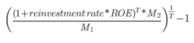 9/ Therefore, g is simply reinvestment rate*ROE. B/c we assumed the company is reinvesting 100% of its capital, the reinvestment rate is 100% and we can remove it from the equation.
