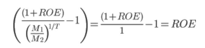 12/ This, my friends, is our Holy Grail. As T becomes very large, 1/T becomes very small. So much so that it approaches ZERO! And anything taken to the 0th power is just ONE!Do you see it? Our (M1/M2) term disappears. It goes to 1 as T goes to infinity!