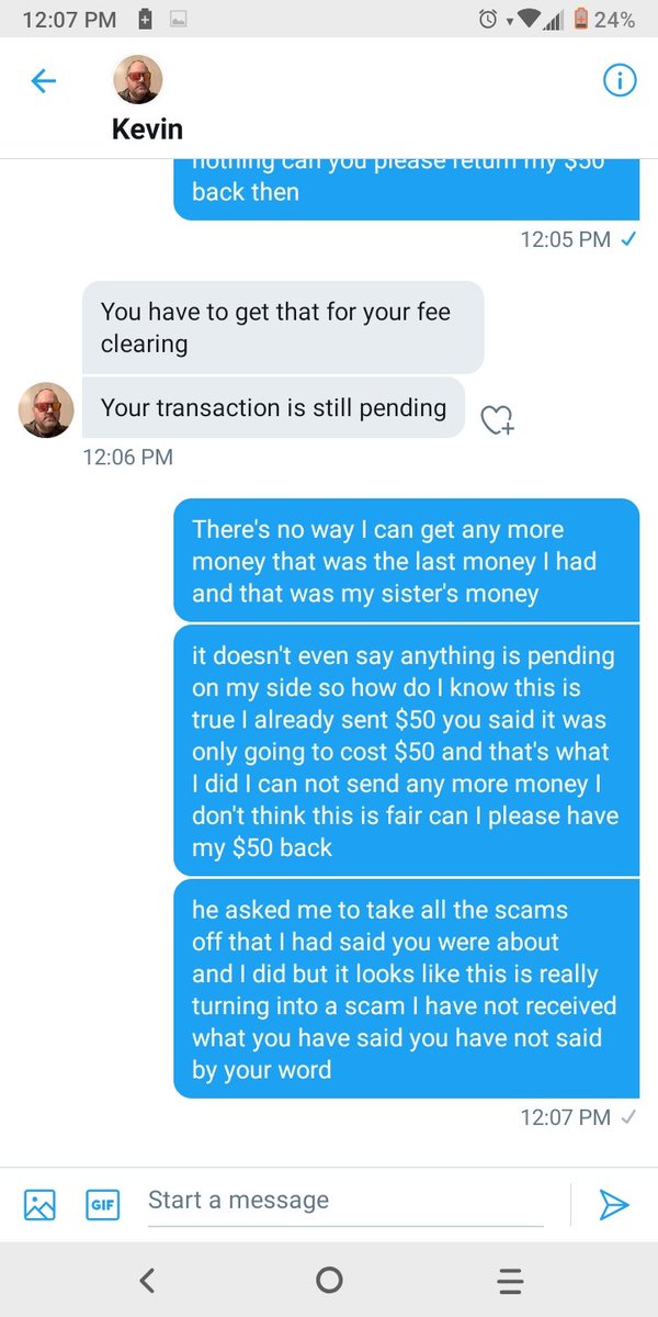 KatDiaz16's tweet photo. @kevintarrot 
I'm sorry to say but you are a scammer you said it was only going to take $50 to get the transaction sent to me so I borrowed $50 from my sister and you didn't send the 5000 like you said and you didn't stick to your word and now you want another $50 for an attorney https://t.co/dwn2pamEtL