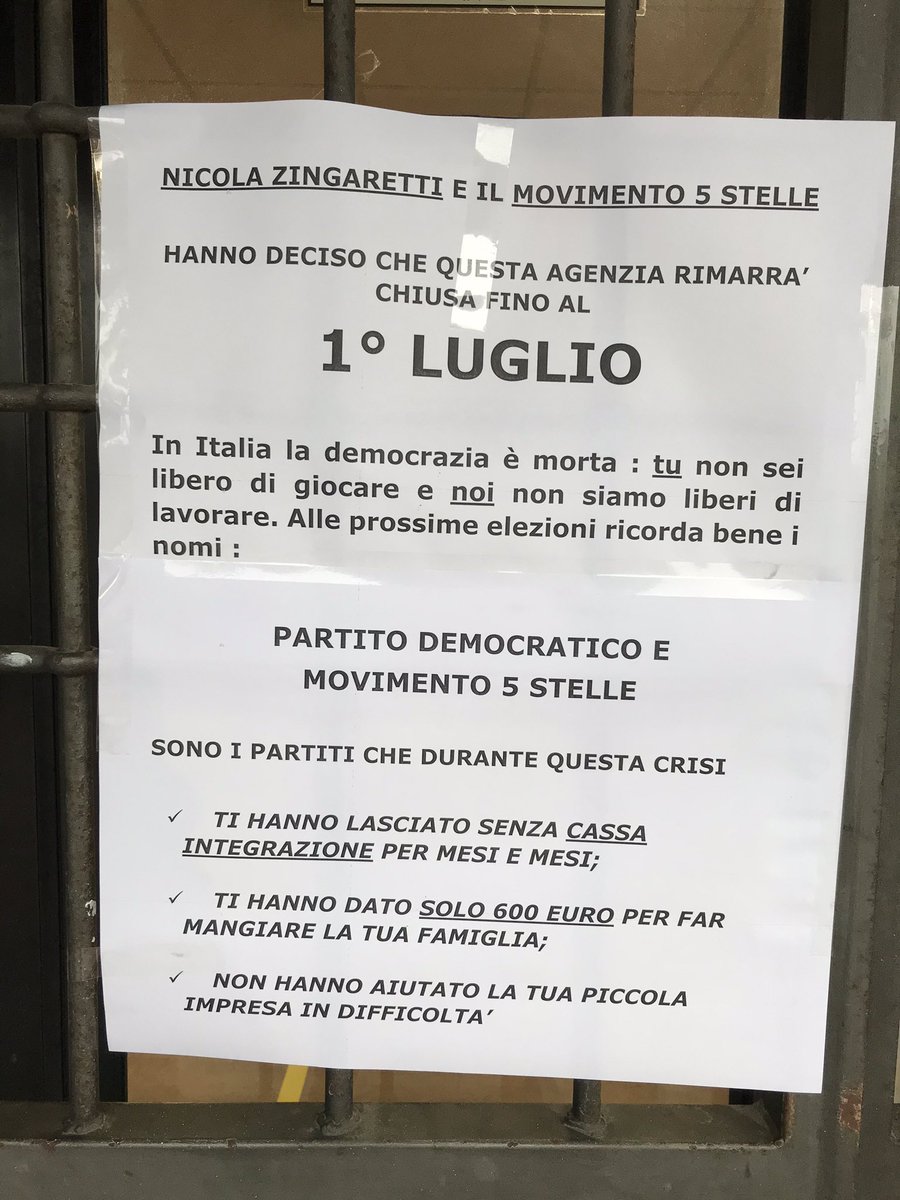 gioco_lecito's tweet photo. @GiorgiaMeloni Ancora una volta fanno di noi carne da macello. #Zingaretti unico governatore in Italia ha allungato la chiusura del #GiocoLecito fino al 1 luglio ...aprendo però discoteche e fiere prima. Quindi non sono ragioni sanitarie ma discriminatorie. Ci dia una mano https://t.co/1pqMfXCuq0