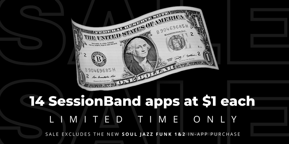 Try the stunning SessionBand Soul Jazz Funk (2) Kirk Whalum edition for FREE from the app store now! For Mac and PC songwriters get the loop pack direct from sessionbandloops.com
Meanwhile, 14 SessionBand apps are just $1 each for very limited time.
