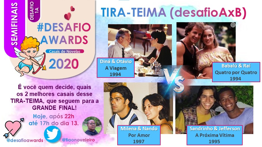DesafioAwards's tweet photo. Já, já (16h) encerramos a enquete da 1ª #Semifinal #DesafioAwards com os casais mais apaixonantes da teledramaturgia brasileira. Temos Diná&amp;Otávio #AViagem Babalú&amp;Raí #QuatroPorQuatro Nando&amp;Milena #PorAmor  e Sandrinho&amp;Jefferson #AProximaVitima esperam seu voto, corre, dá tempo! https://t.co/Lh3IYlqMwL