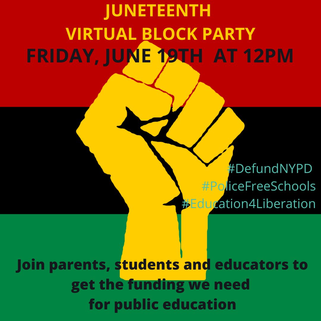 CEJNYC's tweet photo. Join us for a Juneteenth Virtual Block Party centered in Black Joy, Resistance and Resilience
We will dance, laugh and learn together 
And yes we will close by doing the Wobble lol  
6/19th 12 to 1:30pm 
https://t.co/uUqvVsE66O
#DefundNYPD #PoliceFreeSchools #Education4Liberation https://t.co/stz2u2euK1