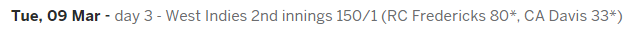 12)With a deficit of 138, WI began their 2nd innings on day 3.The strong start led by Fredricks and Davis meant that WI ended day 3 at 150/1 with a lead of 12 runs.The game was back in the balance. But a lot was about to change the next day.