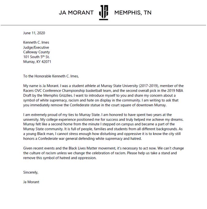 Grizzlies rookie and former Murray State star Ja Morant asks a Kentucky judge to remove a Confederate statue in downtown Murray.
