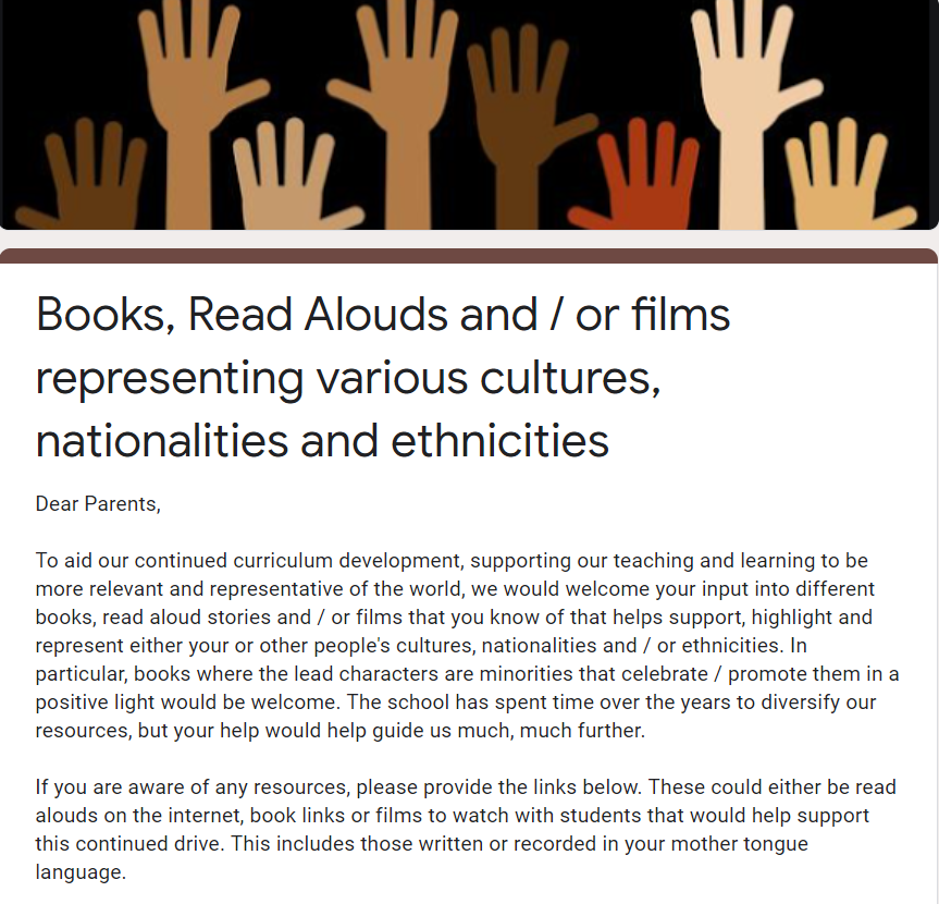 ISGJUBAILESAP's tweet photo. @ISGJubail created this K-12 resource w/ videos, pics &amp; read-alouds to support #antiracism #BlackLivesMatter &amp; diversity. To enable our curriculum to be relevant and representative, we want your input. Please share!
https://t.co/nCD5c1Bec8
https://t.co/TRDzGKrtZg 
#jaguartale https://t.co/Y7MI7hkmGh
