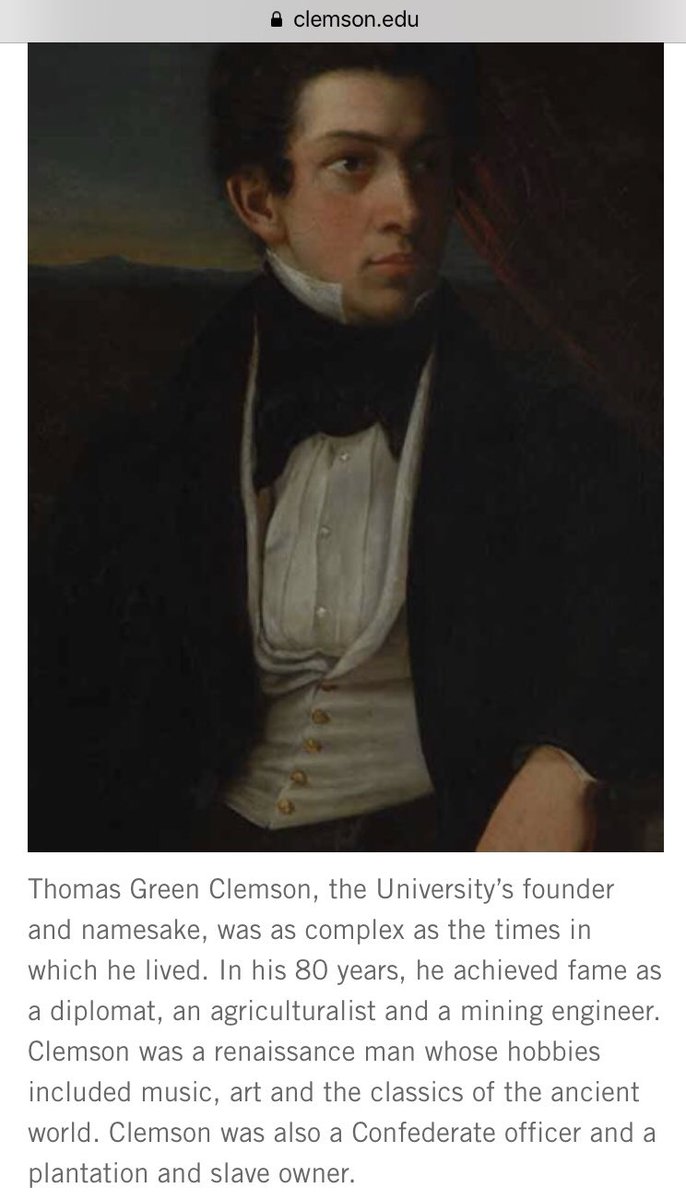 Shaqs_Hairline's tweet photo. A brief biography of Confedarate Officer Thomas Clemson. We cannot allow a namesake like this to continue representing years of inhumane oppression of African Americans #BLM #RenameClemsonUniversity 
@FoxNews @espn @CNN @MSNBC @deshaunwatson @KirkHerbstreit https://t.co/1AiRvsqBgR