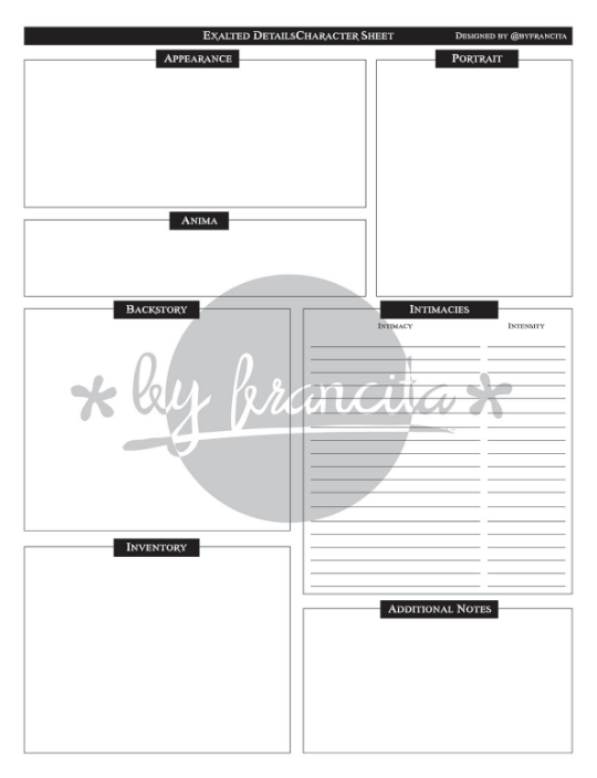 byfrancita's tweet photo. #Exalted !! in #charactersheetshowcase. I didn't really like the original character sheet so that means redesign! It's a more neutral one, and cleaner. see more: https://t.co/pJx7gXS7Uc https://t.co/JBJNU5k6ya