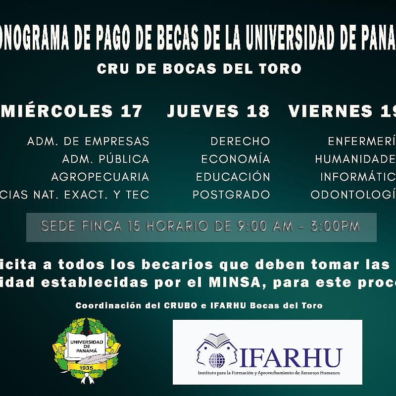 Del 17 al 19 de junio en horario de 9am a 3pm se realizará el pago de las becas del Ifarhu en el CRUBO sede de Finca 15 <a href="/UNIVERSIDAD_PMA/">Universidad dePanamá</a> <a href="/dramartaperalta/">Dra Martha Sanchez de Peralta</a> <a href="/TecnoEduc507/">Tecnología Educativa - UP</a> <a href="/IFARHU/">IFARHU</a> <a href="/pbatista92/">PEDRO BATISTA</a> <a href="/AsuntosEst/">VAE-UP</a> <a href="/VicerrectoriaP/">Vicerrectoría Académica- Universidad de Panamá</a>