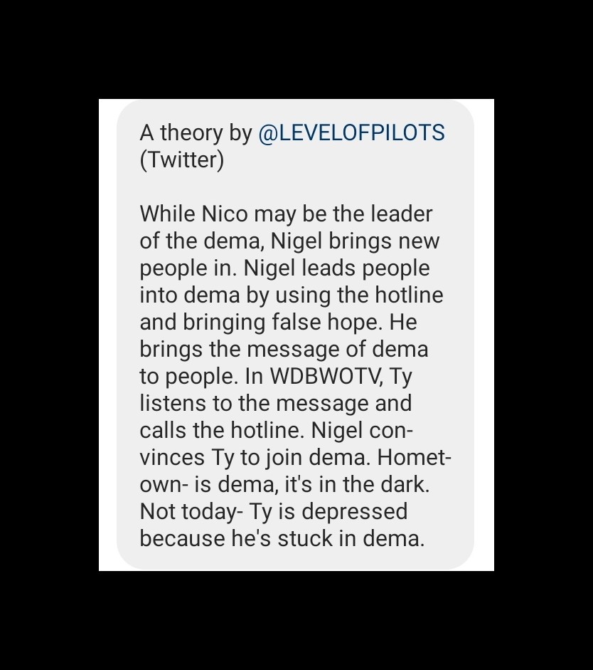 theMask_Yeet's tweet photo. A theory- Nigel
Enjoy
Please share
#twentyonepilots https://t.co/OiObXKhEXw