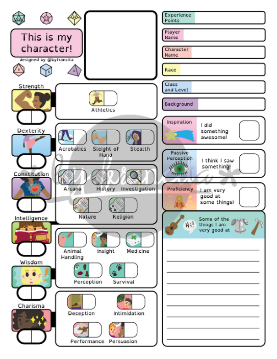 byfrancita's tweet photo. Next in #charactersheetshowcase, a redesign of the #dnd5e sheet, fully illustrated, to help people with dyslexia, new players, or just to generally make it easier to understand what these different stats and things mean. see more: https://t.co/pJx7gXS7Uc https://t.co/fffI3U51kx