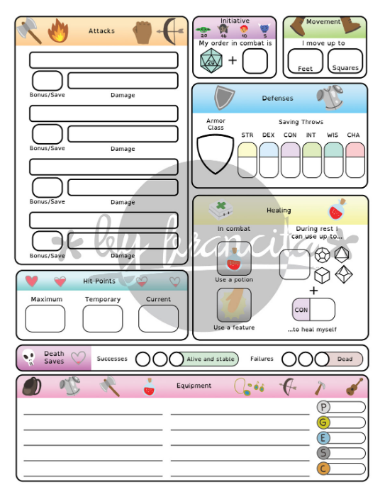 byfrancita's tweet photo. Next in #charactersheetshowcase, a redesign of the #dnd5e sheet, fully illustrated, to help people with dyslexia, new players, or just to generally make it easier to understand what these different stats and things mean. see more: https://t.co/pJx7gXS7Uc https://t.co/fffI3U51kx