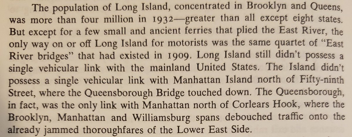 Caro describes NYC traffic infrastructure issues (as of 1932) for nearly three pages, and it makes it easy to see why someone of Moses' character, and with his project completion record, was able to take it over.