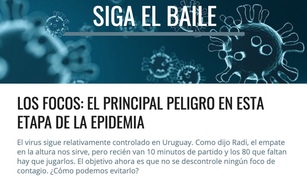 amontalb1's tweet photo. ¡Nuevo artículo en coronabicho!
Los focos: el principal peligro en esta etapa de la epidemia. 
El virus está controlado en Uruguay. El objetivo ahora es que no se descontrole ningún foco de contagio. ¿Cómo podemos evitarlos? 
https://t.co/TpdMYtAqjH https://t.co/ZcmpDnE5KJ
