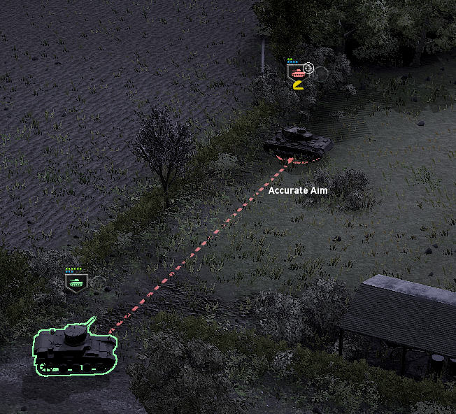 TheTroopGame's tweet photo. Many factors impact to hit chance:  cover, target size, target speed, attacker stability, range, smoke, projectile trajectory, number of turns aimed at target.... But once that chance exceeds 100%, you get to start choosing where you hit them.  Turret?  Hull?  Tracks? https://t.co/OxO7R3CDvv
