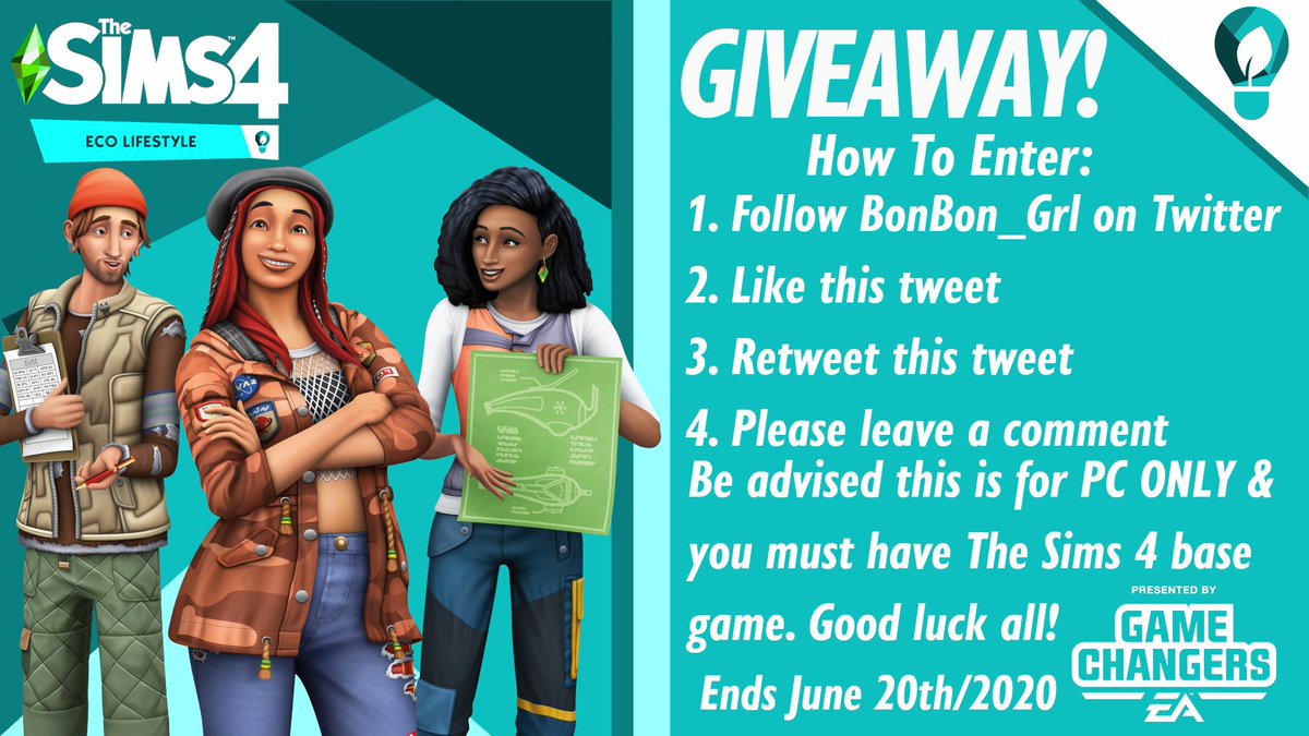 BonBon_Grl's tweet image. Hey my peeps! It's #Giveaway time again! Thank you to @EA &amp;amp; the #GameChangers program for providing me with a code for @TheSims #EcoLifeStyle Follow the instructions on the pic provided to enter. Good luck! #TheSims4 #ShowUsYourBuilds