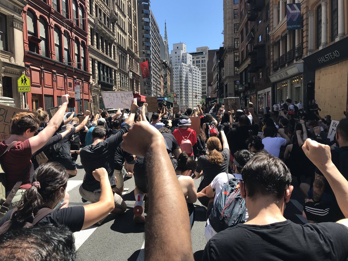 BernardHarcourt's tweet photo. New York City takes a knee #NycProtests June 13, 2020. The march for justice goes on ... trying hard to bend the arc in the right direction this time.... https://t.co/1DMhAeqAy1