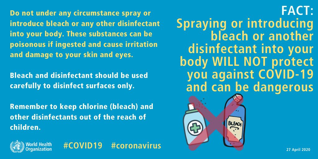 FACT: Spraying and introducing bleach or another disinfectant into your body WILL NOT protect you against  #COVID19 and can be dangerous.More:  http://bit.ly/COVID19Mythbusters #coronavirus  #KnowTheFacts