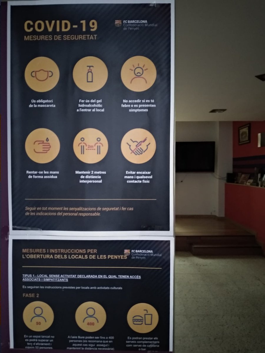 Tot a punt per obrir la Penya de nou amb l'aforament limitat després de 3 mesos de tancament per la crisi de la COVID-19. 
Primer la Salut. 
Força Barça!!!