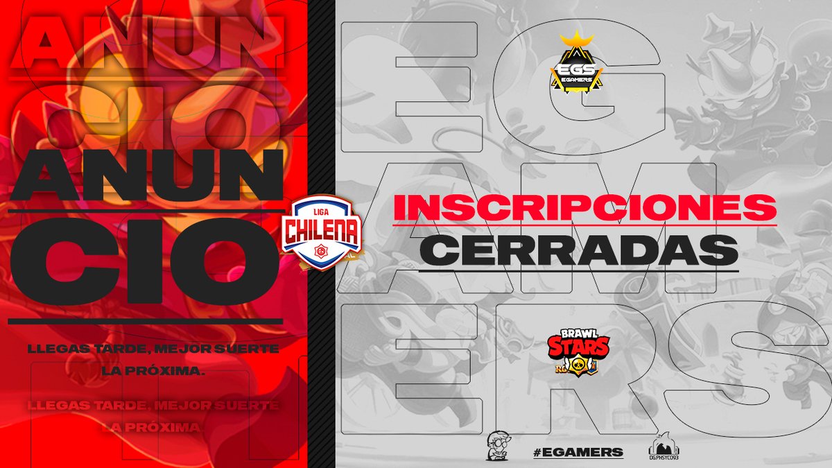 #BS | ¡Inscripciones CERRADAS! 

Primero que todo, queremos agradecer el gran apoyo e interés por nuestra liga.

Entre hoy y mañana domingo, se definirán los 2 clasificados.

¡Pronto más noticias!

#NothingStopUsEGS🤖