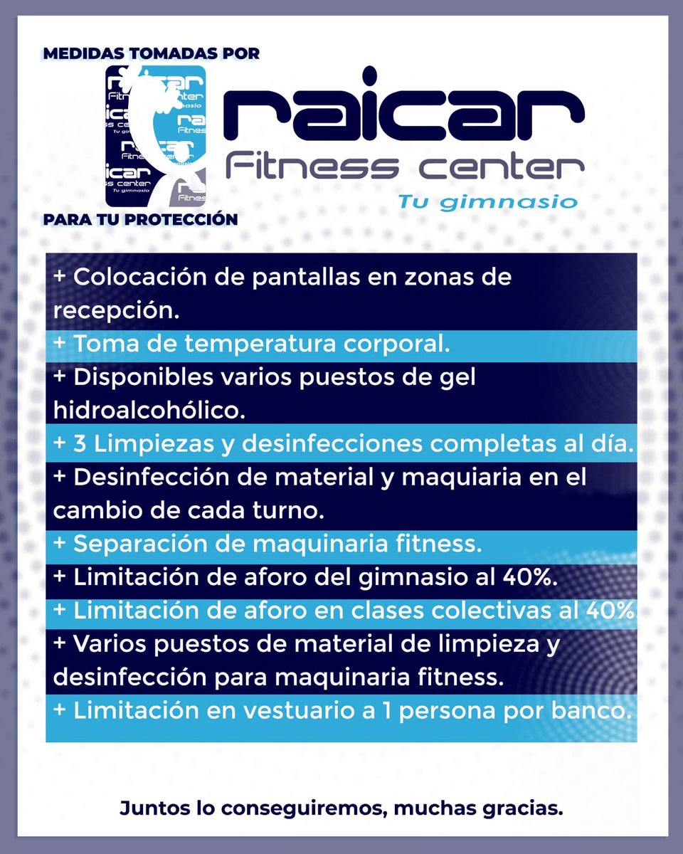 gimnasioraicar's tweet photo. Bueno Raicarmaniacos, estamos a menos de 48 horas de volver a comenzar la marcha; aquí os dejamos las normas que debéis de cumplir y las medidas que el gimnasio ha tomado para vuestra protección. Nos vemos este Lunes.
#Raicar #TuGimnasio #SomosTuMejorOpcion #Elda #Petrer https://t.co/Pcisb2q79G