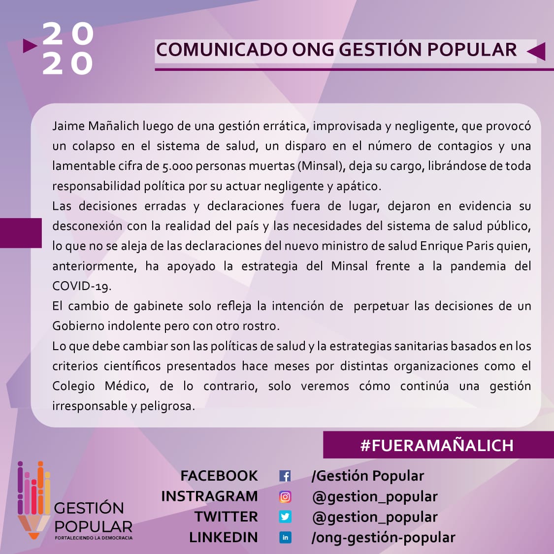 Comunicado ONG Gestión Popular sobre la renuncia de J. Mañalich y asignación de E. Paris.
#cambiogabinete 
#fueramañalich
#renunciamañalich
#nuevoministrodesalud
#saludpública
#covid19
#ministroparis