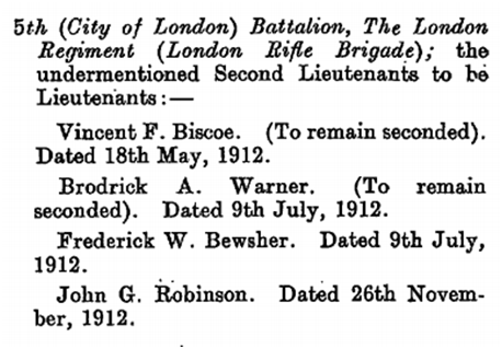 First appearance in the Gazette. Lt. in the territorials. 1912.