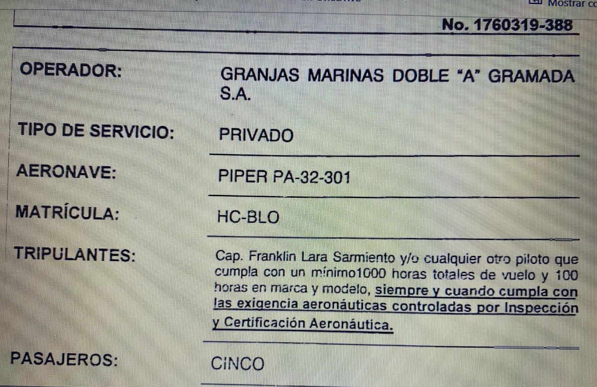 RETROCEDERNUNC3's tweet photo. @MinGobiernoEc @mariapaularomo @DerColectivosAN @ComunicacionEc @eldiarioec @Expresoec @DiarioExtraEc @AsambleaEcuador @FelipeAbril5 @eltiempocuenca @diariopinion @mercurioec @diariocorreoweb Autoriza volar piloto con 100h. d vuelo experiencia en avion y seguro condiciona a @DGAC_Ecuador  autorice. @FiscaliaEcuador . solicitud indica abordaran personas y aprueban sin lista de pasajeros. #acosta eres mafioso por eso pusiste a la rata de #wilsontorres @CarlosVerareal https://t.co/3KQqyZwhOq