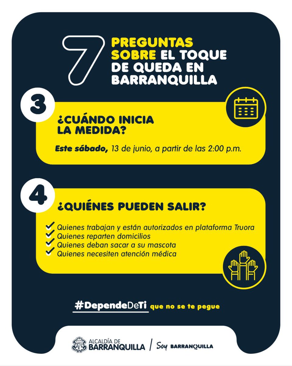 alcaldiabquilla's tweet photo. #ATENCIÓN 🚨 
A partir de este momento entramos en toque de queda en la ciudad. 

Les compartimos respuestas de las 7 preguntas más frecuentes que reunimos de los ciudadanos acerca de esta medida👇.

También puedes aclarar tus dudas consultando 👉🏼 https://t.co/U6pvnLXyJW https://t.co/UWcSyODYfr