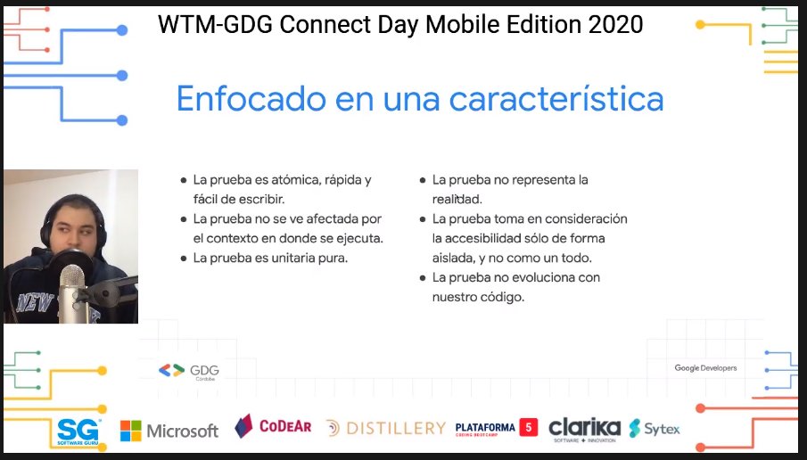 SomosCodear's tweet image. Una aproximación a #testing puede ser enfocarnos en una característica, donde podemos probar de manera aislada el comportamiento #ConnectDayMobileEdition @sanchez_ata