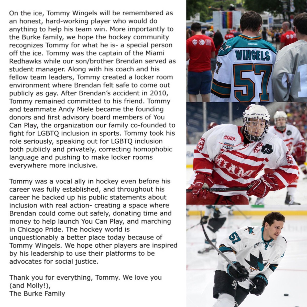Burkie2020's tweet photo. Congratulations @tommywingels57 on your retirement and thanks for everything you did for Brendan and to support LGBTQ inclusion in hockey. https://t.co/i7rhVU7Je6
