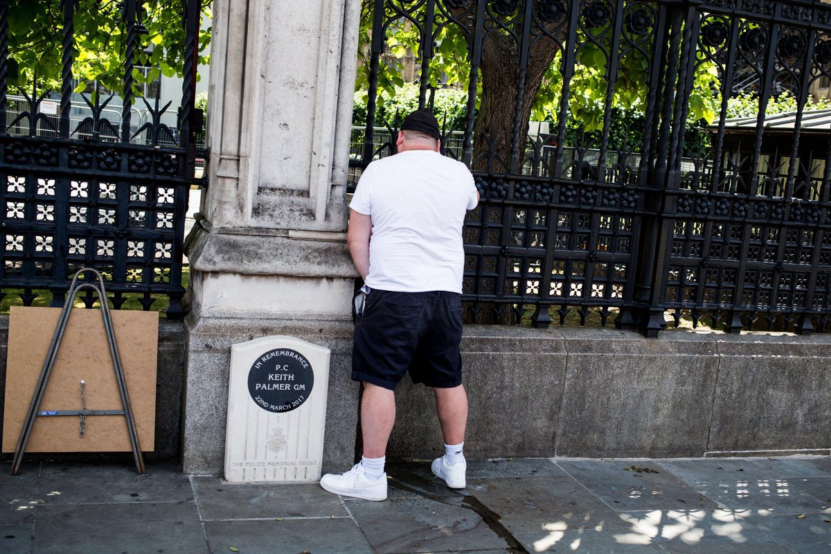 iancollinsuk's tweet image. This will be the photo that defines the supposed ‘protectors of the statues’. A man literally pissing on the memory of Keith Palmer. Shameless. And sad for those who genuinely wanted to be heard.