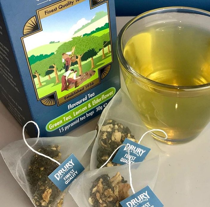 DruryUK's tweet photo. New tea alert! Introducing the latest addition to our pyramid tea bag range, Green Tea with Lemon and Elderflower. The flavour of a warm summer afternoon in a tea cup! Available now at https://t.co/VPHFoUK0sc priced from £4.95 #tea #greentea #pyramidteabags https://t.co/MrwkF2QOOy