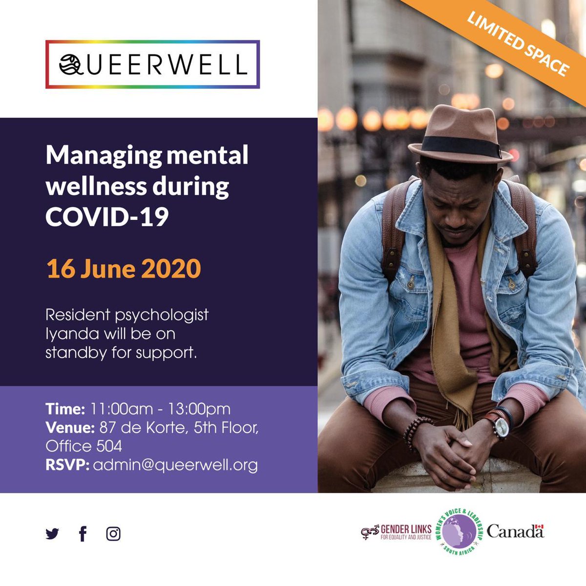 Queerwell1's tweet photo. Hi Friends, Queerwell cares about your mental wellness and in order to check in, we are hosting safe space just for you. 

#feministfund #ukaid #genderlinks #Covid19 #women #Mentalhealth #Anxiety #Depression #lossofincome #FamilyIssues #LGBTI #Queerwell #Health #BeKindToyourself https://t.co/58TSxvqlRL