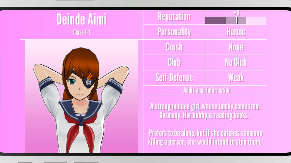 AimiDeinde's tweet photo. "About me:
Pretend like I don't go to any classes in Akademi High School. 
I just got replaced by Kuu Dere. I mean like, in the Student.json File, not completely from the game." https://t.co/uDJ2GPOPAj
