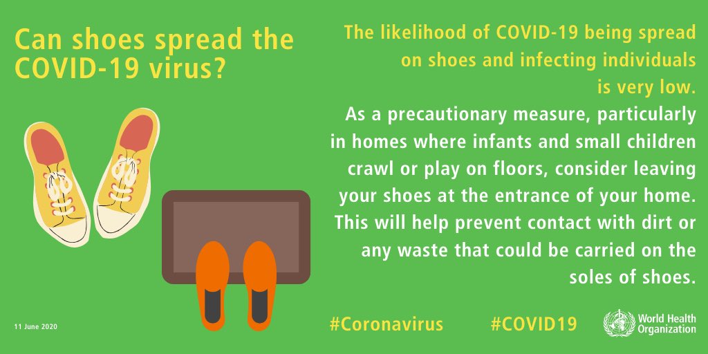 Q: Can shoes spread  #COVID19?A: The likelihood of COVID-19 being spread on shoes and infecting individuals is very low.More:  http://bit.ly/COVID19Mythbusters #coronavirus  #KnowTheFacts