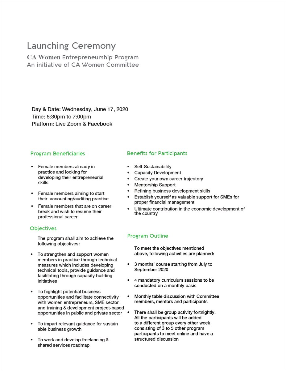 icapofficial's tweet image. Brochure | Launching Ceremony ‘CA Women Entrepreneurship Program’ | June 17, 2020
Click to join us02web.zoom.us/j/86744904336
#cawomen #entrepreneurshipprogram #launchceremony #openinvitation