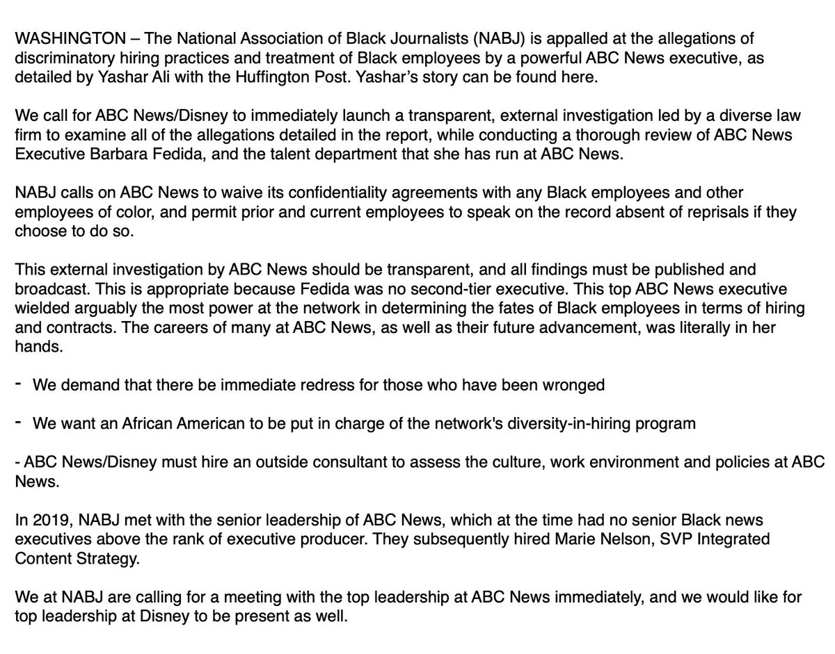 14. JUST IN: National Association of Black Journalists is calling on ABC to launch a transparent, external investigation into the allegations in my story. Additionally, they are calling on ABC to waive NDAs "for black employees & other employees of color" https://bit.ly/2zxBjqA 