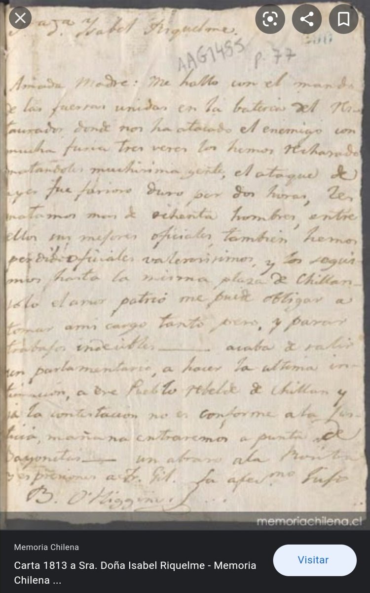 IsabelRiquelme0's tweet photo. #ISABELRIQUELME
Una de las tantas cartas que escribió Bernardo O’Higgins a su madre.
#ClasesDeHistoriaParaTodos @profe_hernandez #aprendohistoria #lero #Osorno #proyectoFlippedclassroom @educacion_na https://t.co/MIQlaPJxqS