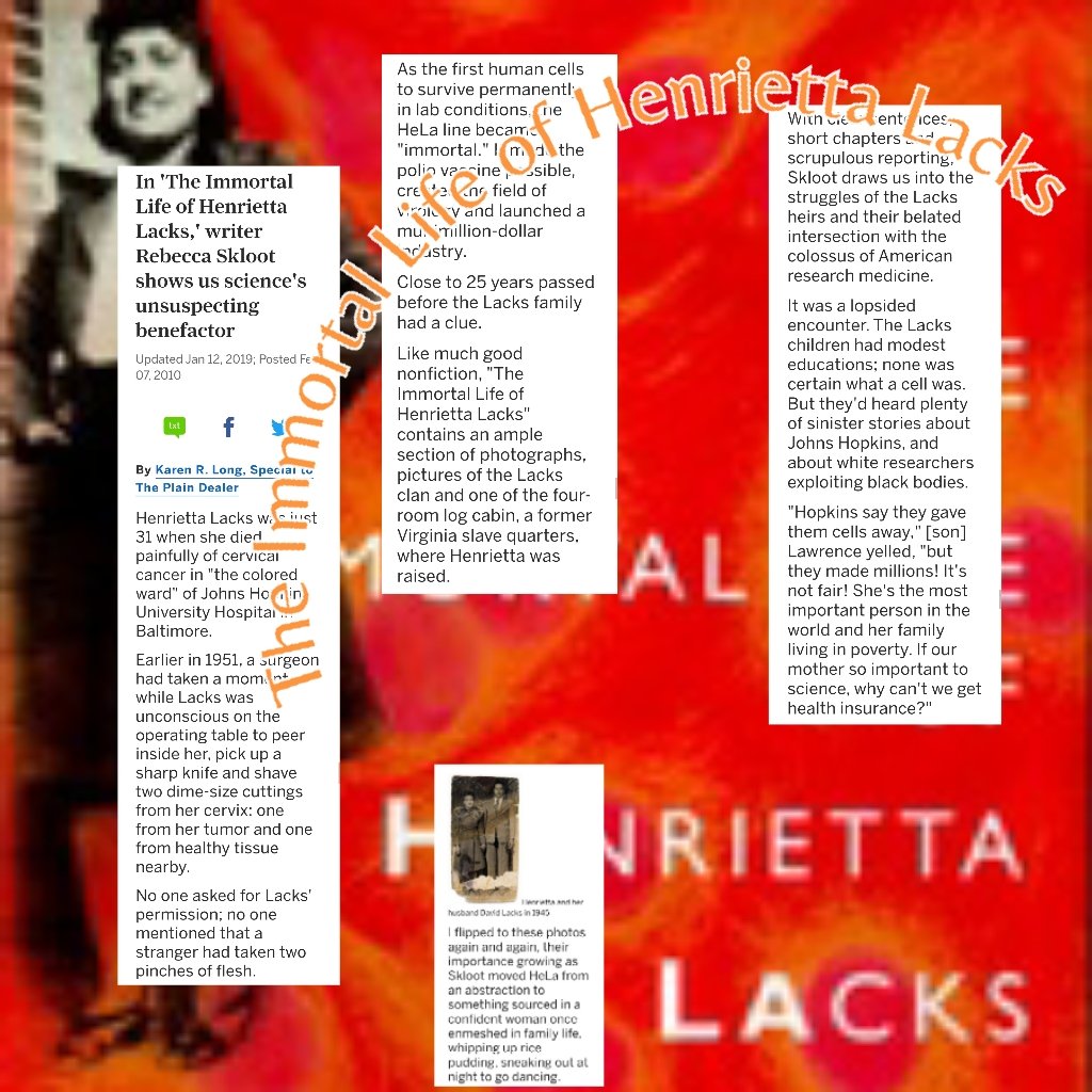 Excerpts from a review of The Immortal Life of Henrietta Lacks, noting the history of this significant African-American woman whose incalculable contributions to science came out of white doctors' limitless exploitation of cells they didn't even tell her they were going to use and study. Full book review at https://www.cleveland.com/books/2010/02/in_the_immortal_life_of_henrie.html