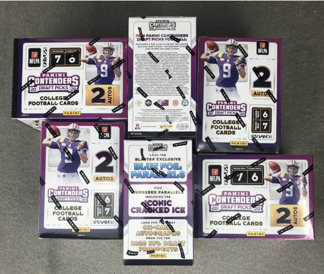 sportscardswat1's tweet photo. Selling 10 Blaster Boxes of 2020 Panini Contenders Draft Picks $35/box shipped to your door.  @HobbyConnector https://t.co/3hoFVt42oJ
