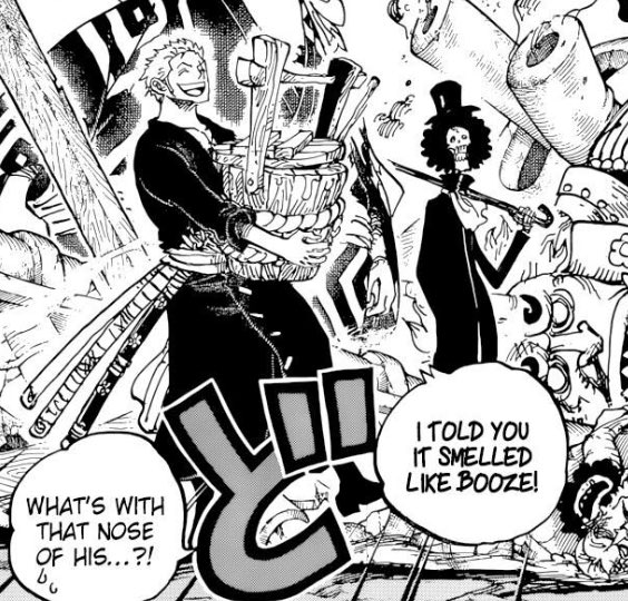 zoro’s ability to smell booze is the same thing as luffy being able to smell meat from a mile away... also their shenanigans are so cute i’m glad they’re all together again 