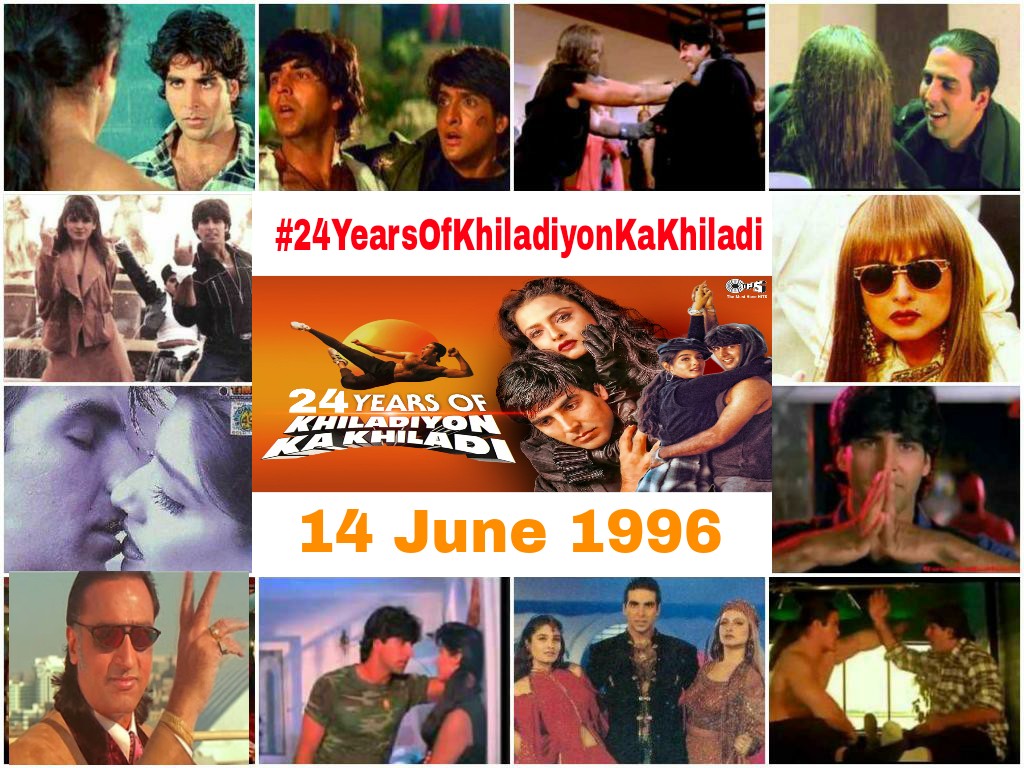 Clg Pics : Celebrating #24YearsOfKhiladyonKaKhiladi Today - One Of Biggest Action Movies Of Bollywood With Amazing  Performances By @akshaykumar As Akshay 
#RekhaJi As Madam Maya @TandonRaveena As Priya  @GulshanGroverGG #InderKumar  And Everyone 😎
Directed By #UmeshMehra 👌🙏