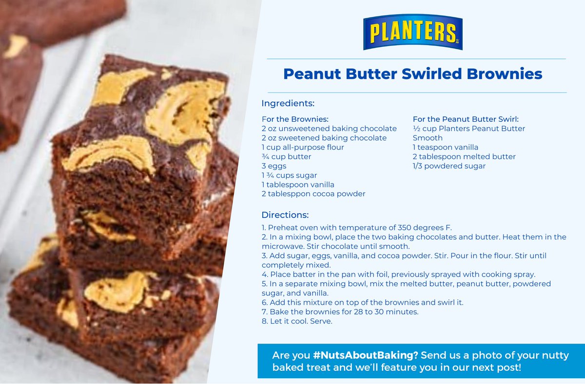 planterscanada's tweet photo. Create your fudgy, nutty, and delicious brownies with this simple recipe. 

#NutsAboutBaking #PlantersPeanutButter #PlantersCanada https://t.co/nIyTUx1PXd